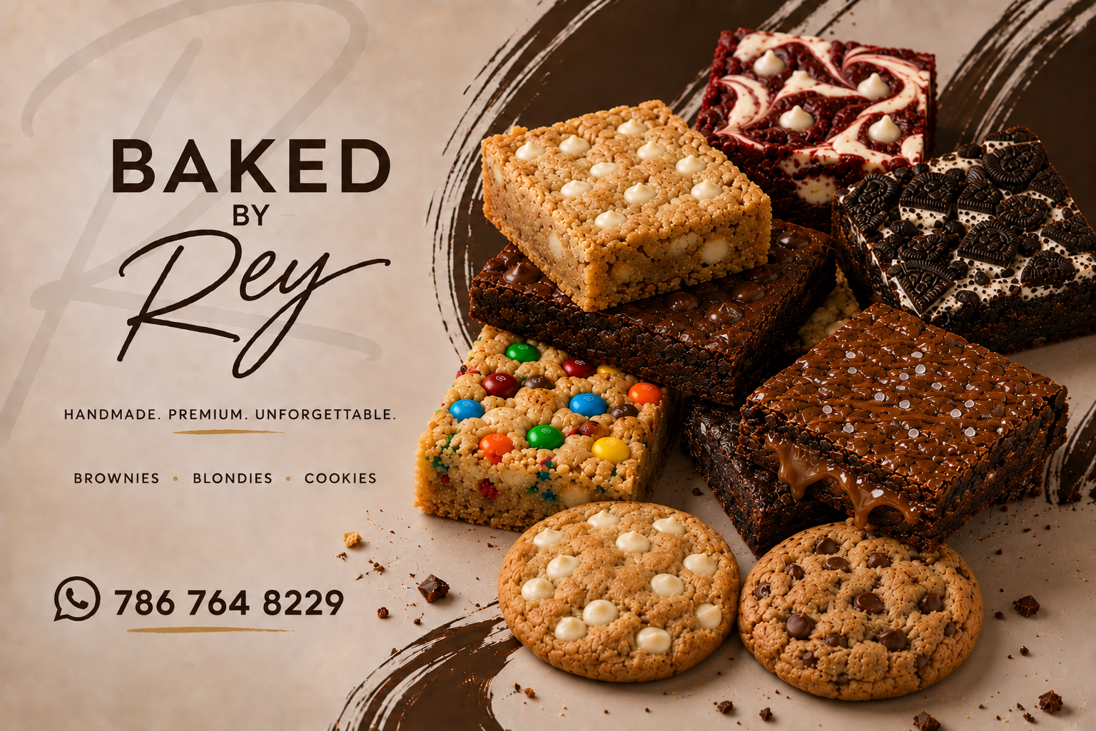 A colorful selection of handmade brownies, blondies and cookies from Baked by Rey